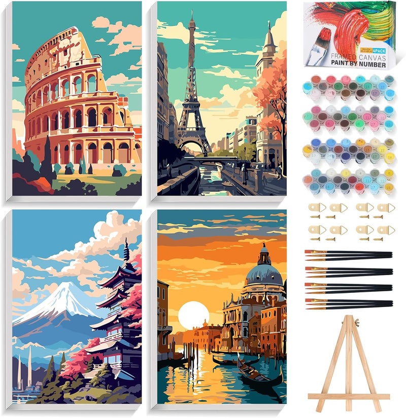 Offito 4 Pack Framed Paint by Numbers Kit for Adults Beginners with Wooden Easel, Landscape Easy Paint by Number Kit with Frame, Watercolor Adult Paint by Number Framed Canvas (8 * 12 Inch) - Image 1